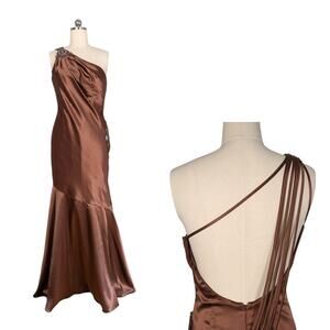 Prom Dress Maxi Gown 10 Brown Mermaid Satin Beaded Asymmetric Shoulder Glam